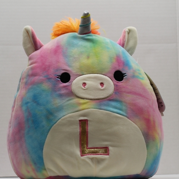 Squishmallows Monogrammed L Rainbow Unicorn Plush - Picture 3 of 12